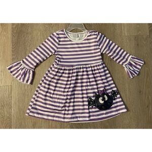 New Boutique Girl’s Size 1-2 Yrs Purple & White Striped Halloween Dress With Bat